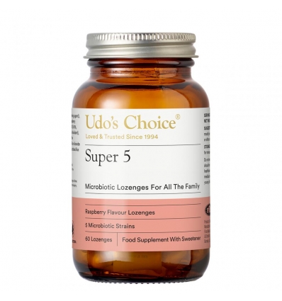 Udo's Choice - Super 5 Microbiotics (1 Billion/FOS Free) - 60 Chewable Raspberry Flavoured Lozenges - Flora - currently