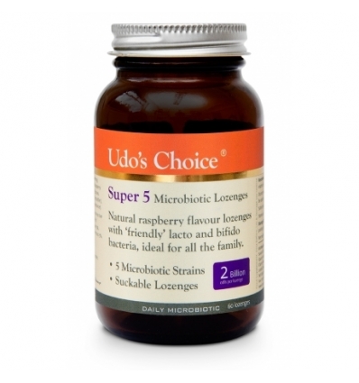 Udo's Choice - Super 5 Microbiotics (1 Billion/FOS Free) - 60 Chewable Raspberry Flavoured Lozenges - Flora - currently