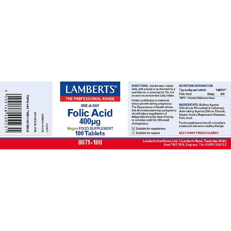 Folic Acid 400ug - 100 Tablets - Lamberts® - Image 3