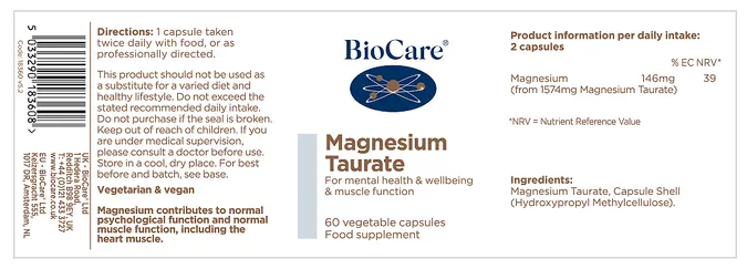 Magnesium Taurate - 60 Capsules - BioCare® - Image 2