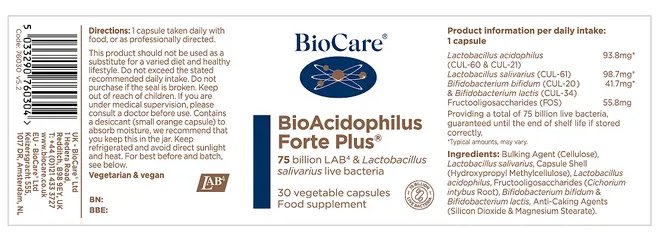 Bio Acidophilus Forte Plus - 30 Capsules - BioCare® - Image 2